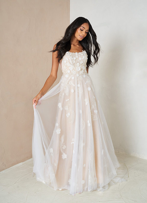 Azazie Armadan Wedding Dresses Diamond White Champagne A-Line Sequins Tulle Dress image1