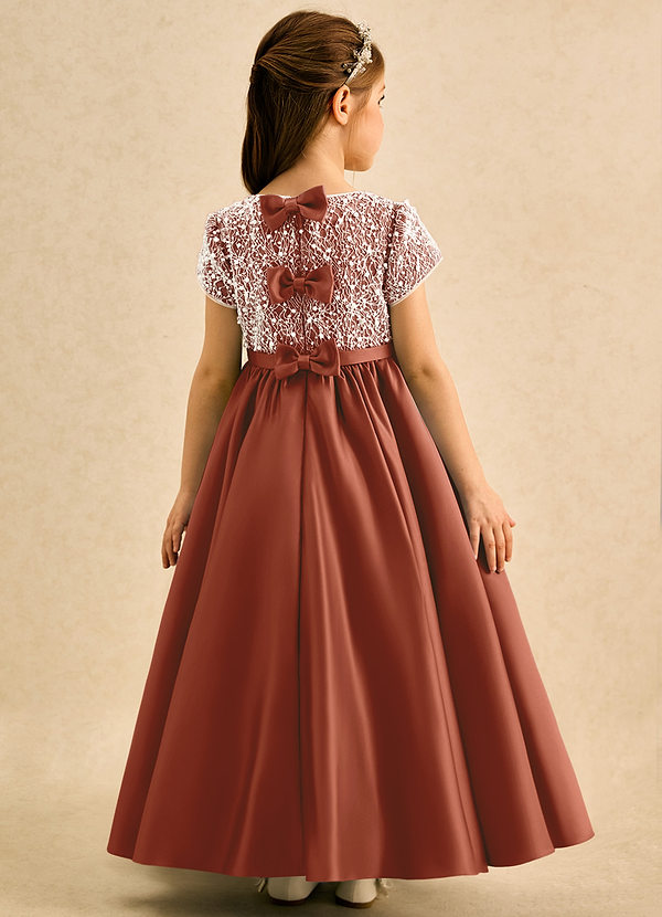 Azazie Cashew Flower Girl Dresses Auburn Ball-Gown with Sleeves Matte Satin Dress image1