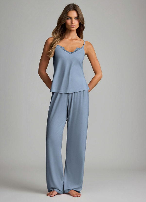 front Dusty Blue Soft Rayon Lace Trim Cami & Wide-Leg Pants Pajama Set