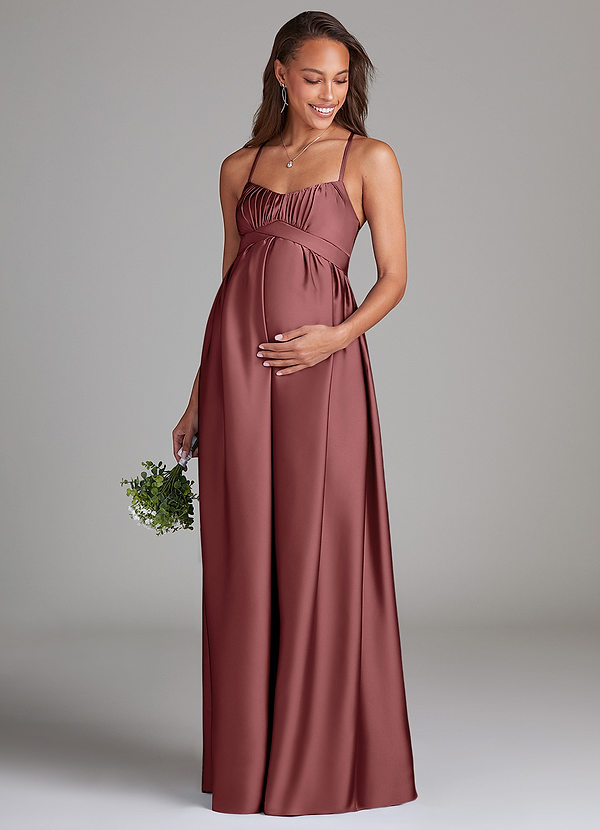 Azazie Llana Vestidos de dama de honor de maternidad Vestido de Corte En A Con bolsillos Hasta el suelo Satén Elástico image1