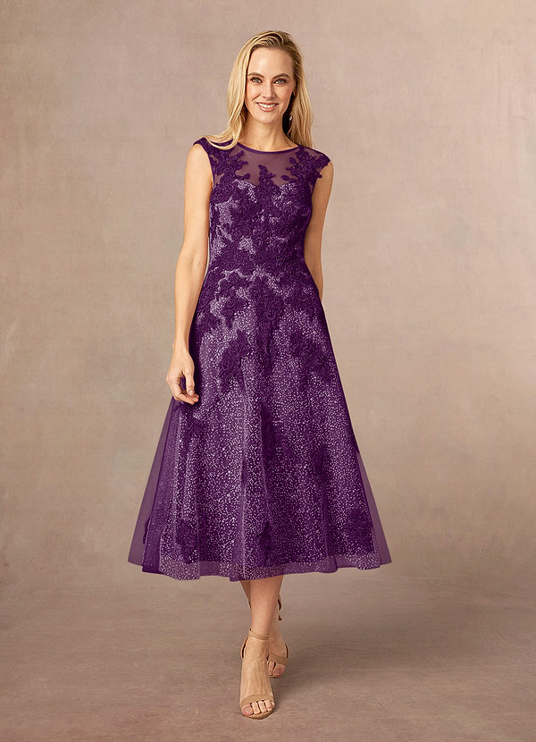 Azazie Flynn Mother of the Brides Dresses Grape A-Line Boatneck Lace Tulle Dress image1