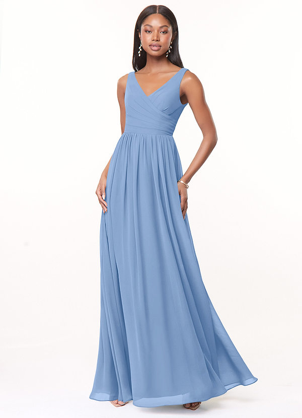 Azazie Keyla Bridesmaid Dresses Steel Blue A-Line V-Neck Pleated Chiffon Dress image1