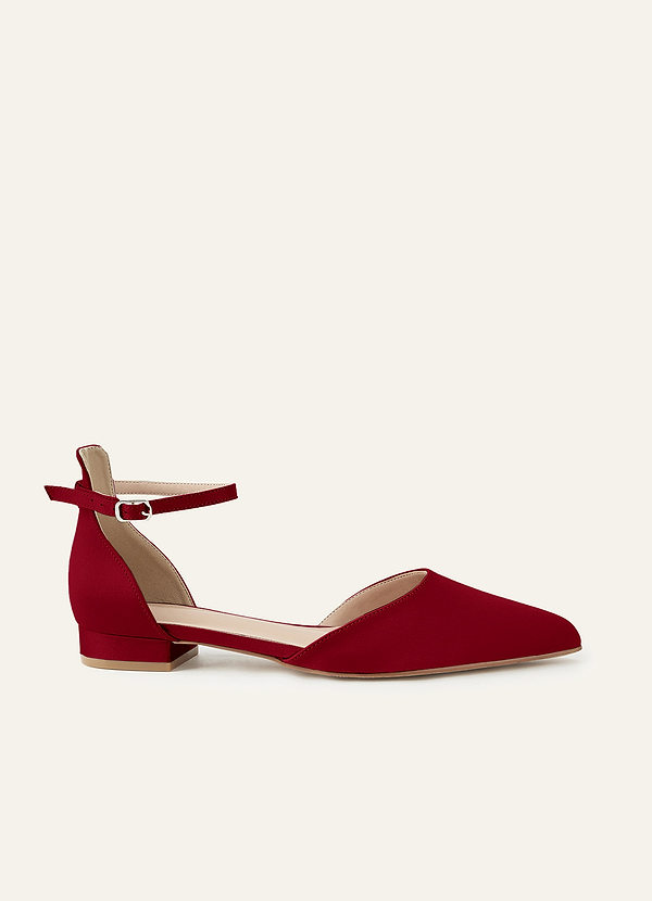 front Matching Color Matte Satin Pointed Toe Ankle Strap Block Flat Pumps