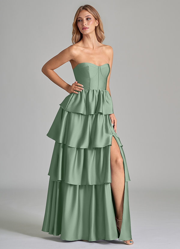 Azazie Faye Vestidos Dama de Honor Vestido de Matcha de Satén Elástico de Corte en A con Volante image1