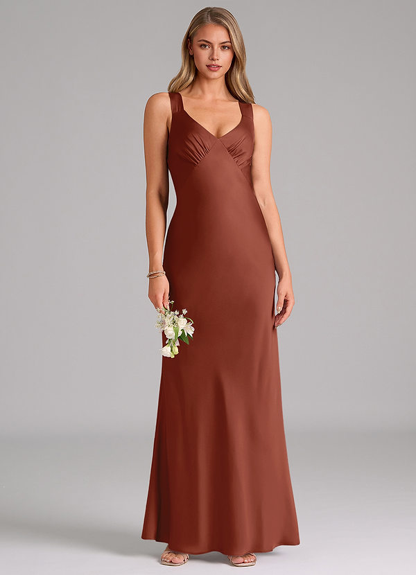 Azazie Kamila Bridesmaid Dresses Auburn A-Line Pleated Stretch Satin Dress image1