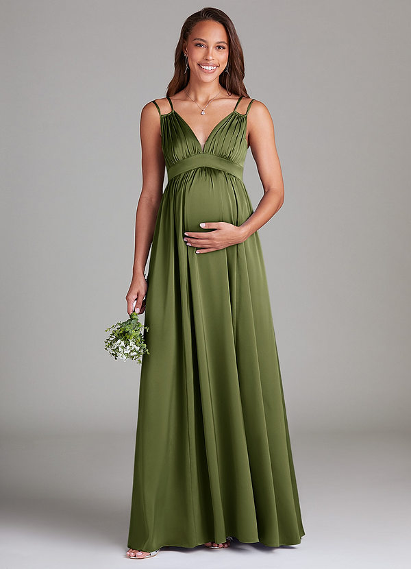 Azazie Emree Maternity Bridesmaid Dresses A-Line Stretch Satin Floor-Length Dress with Pockets image1
