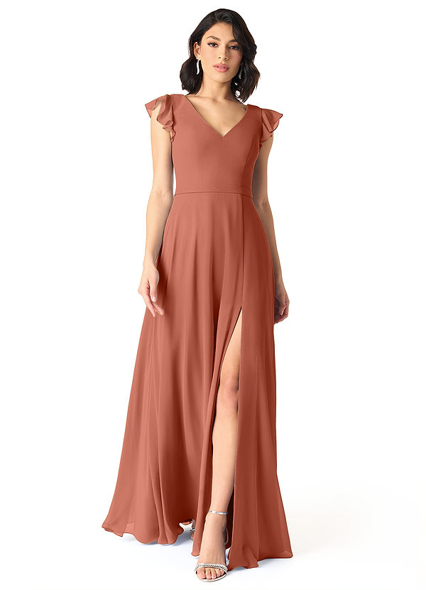 Azazie Claudine Bridesmaid Dresses Clay A-Line Flutter Sleeve Chiffon Dress image1