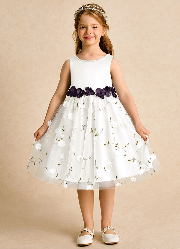 Azazie Starri Flower Girl Dresses Ivory Plum Ball-Gown Beaded Matte Satin Dress image1