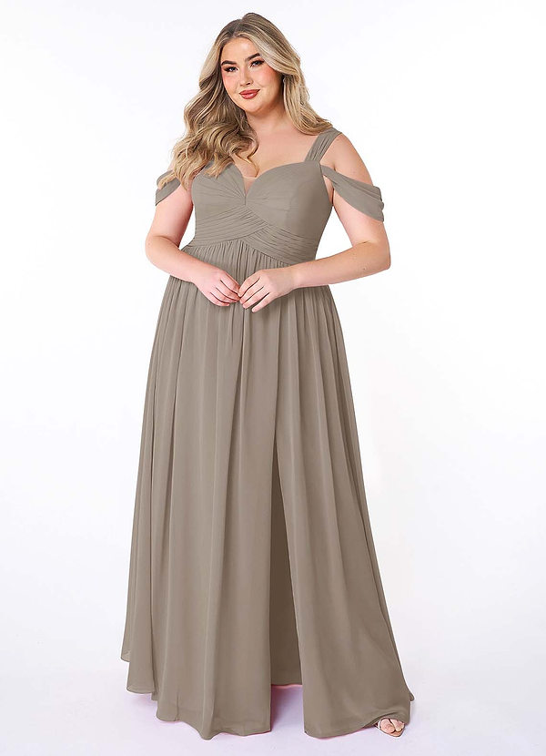 Azazie Lianne Bridesmaid Dresses Taupe A-Line Off the Shoulder Chiffon Dress image1