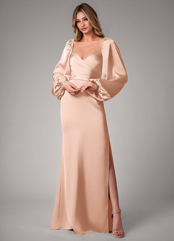 Azazie Sonata Bridesmaid Dresses Rose Gold Sheath Long Sleeve Stretch Satin Convertible Dress image1