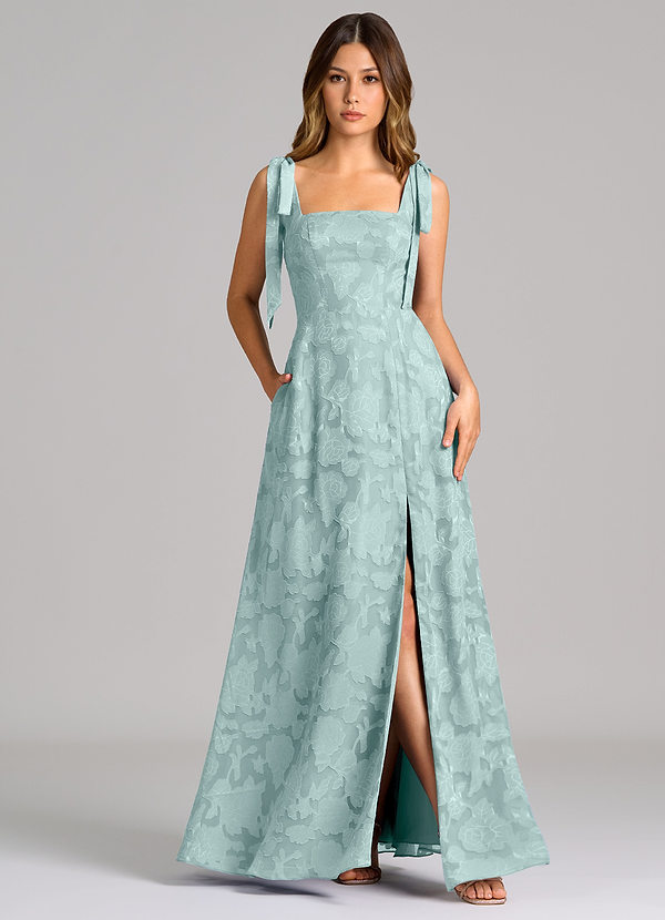 Azazie Debra 신부 들러리 드레스 A라인 포켓이 있는 플로럴 번아웃 바닥 길이 드레스 image1