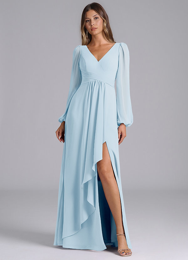 Azazie Liah Bridesmaid Dresses Sky Blue A-Line Long Sleeve Chiffon Dress image1
