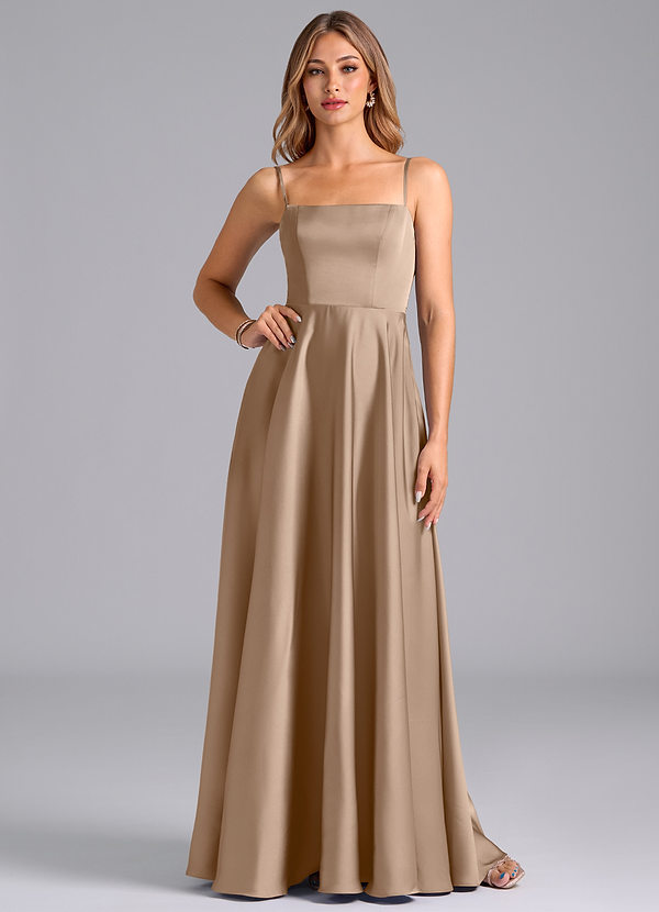 Azazie Elita Robes Demoiselle d'honneur Robe Trapèze en Satin extensible Plissée Taupe image1