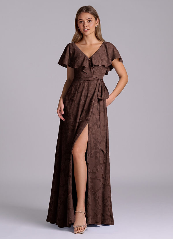 Azazie Lainey Bruidsmeisjes Jurken Jurk van Bloemen Burn-out met A-Lijn met Zakken Ganache image1