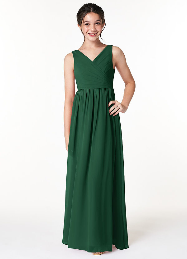 Azazie Sawyer Junior Dark Green A-Line Pleated Chiffon Dress image1