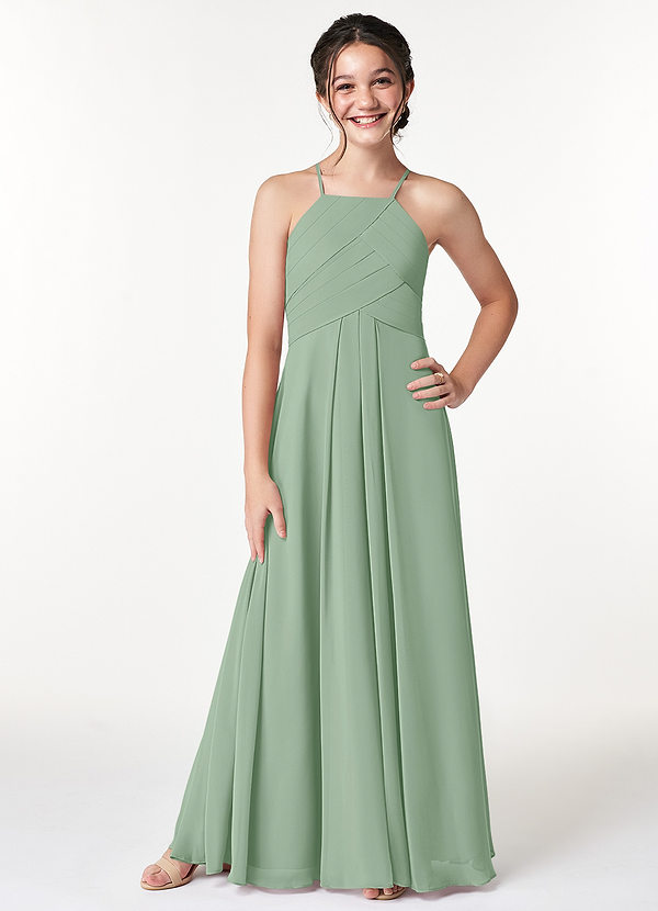Azazie Ginger Junior Matcha A-Line Pleated Chiffon Dress image1