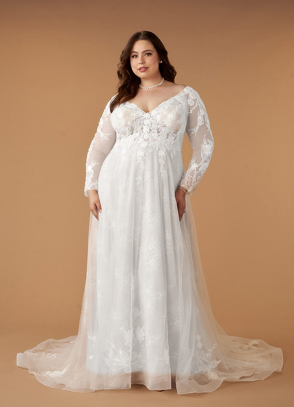 Azazie Leila Brautkleider A-Linie V-Hals Pailletten Tüll Kleid Diamantweiß image1