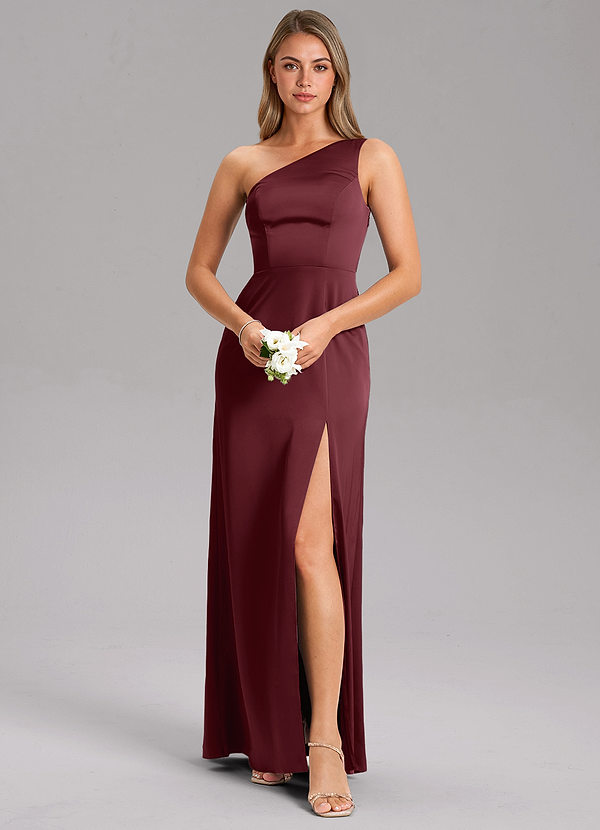 Azazie Phaedra Bridesmaid Dresses Cabernet A-Line One Shoulder Stretch Satin Dress image1
