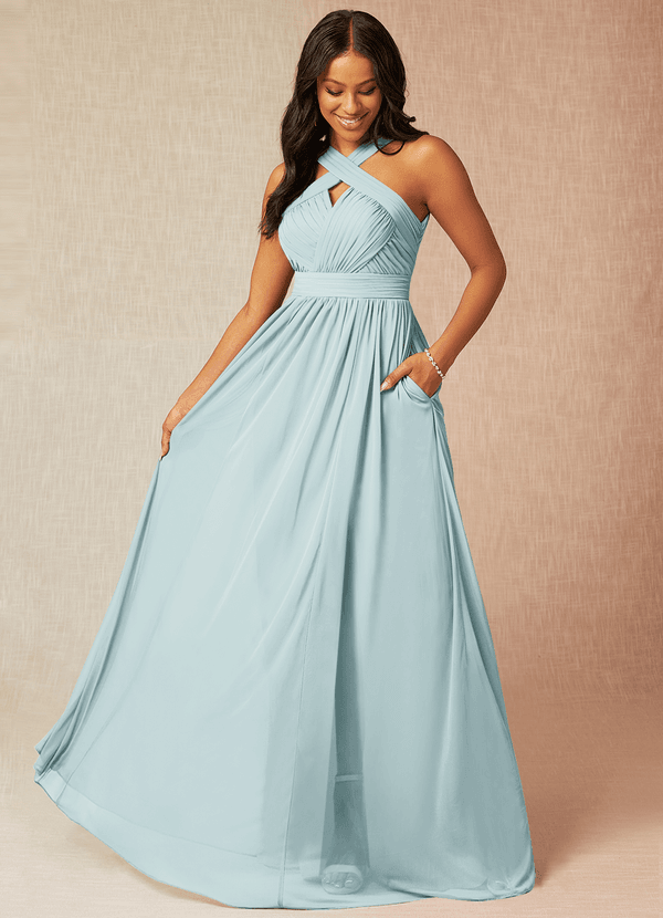 Azazie Hillian Robes Demoiselle d'honneur Robe Trapèze en Maille Dos nu plissé Brume image1