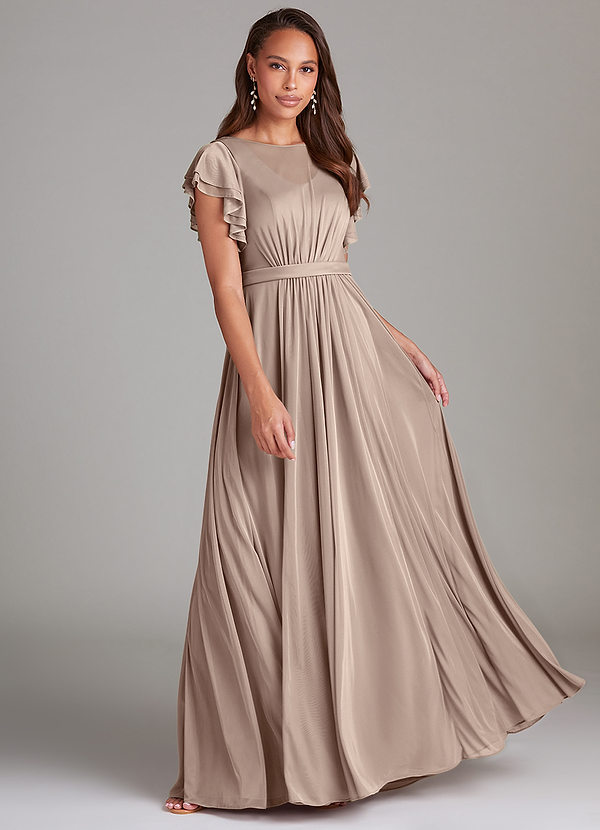 Azazie Daphne Modest Bridesmaid Dresses A-Line Ruched Mesh Floor-Length Dress image1