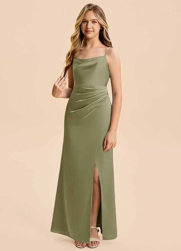 Azazie Christen Junior Pistachio A-Line Pleated Stretch Satin Dress image1