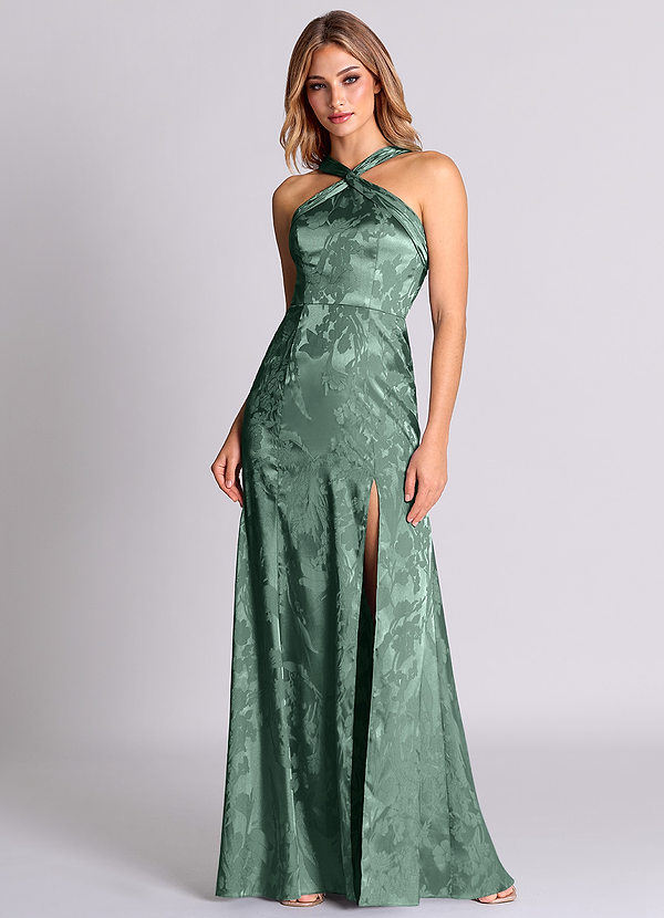 Azazie Rue 신부 들러리 드레스 쉬스 주름진 자카드 바닥 길이 드레스 image1