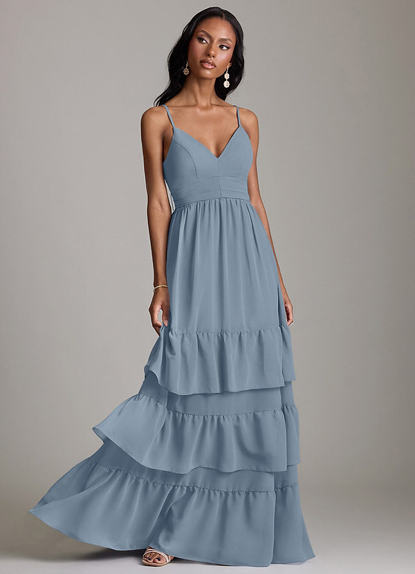 Azazie Nathalia 신부 들러리 드레스 A라인 셔링 쉬폰 바닥 길이 드레스 image1