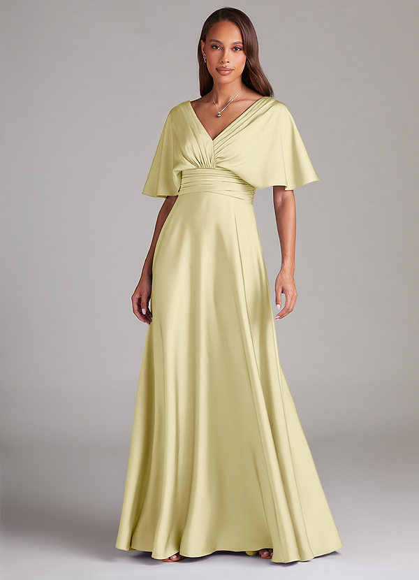 Azazie Pamela Robes Demoiselle d'honneur Robe Trapèze en Satin extensible Plissée Sorbet Citron image1