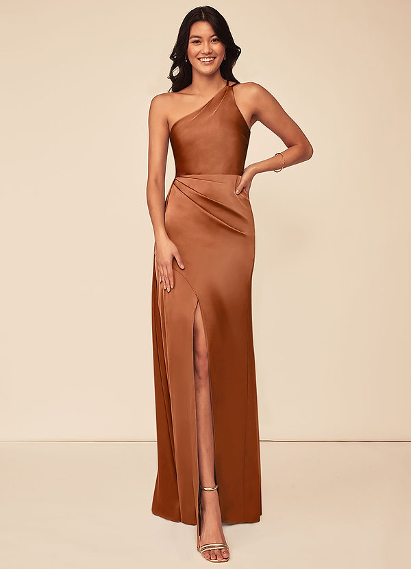 Azazie Maron Bridesmaid Dresses Copper A-Line One Shoulder Stretch Satin Dress image1