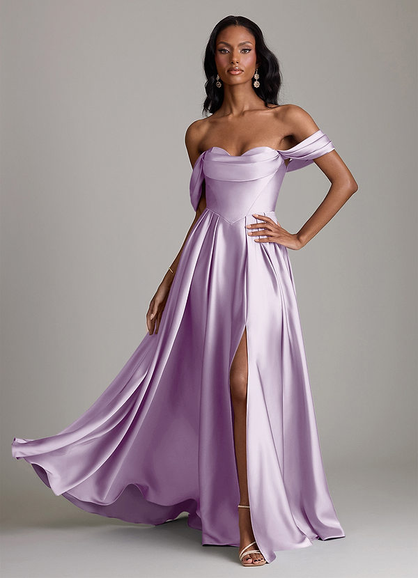 Azazie Loisa Abiti da Damigella Abito A-Line in Raso Elasticizzato a Spalla Scoperta Lilla Glassato image1