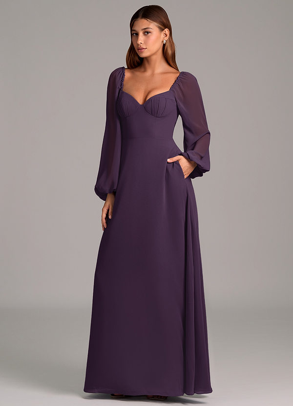 Azazie Annistyn Brudtärneklänningar Klänning av A-Linje i Chiffong Långärmad Plommon image1