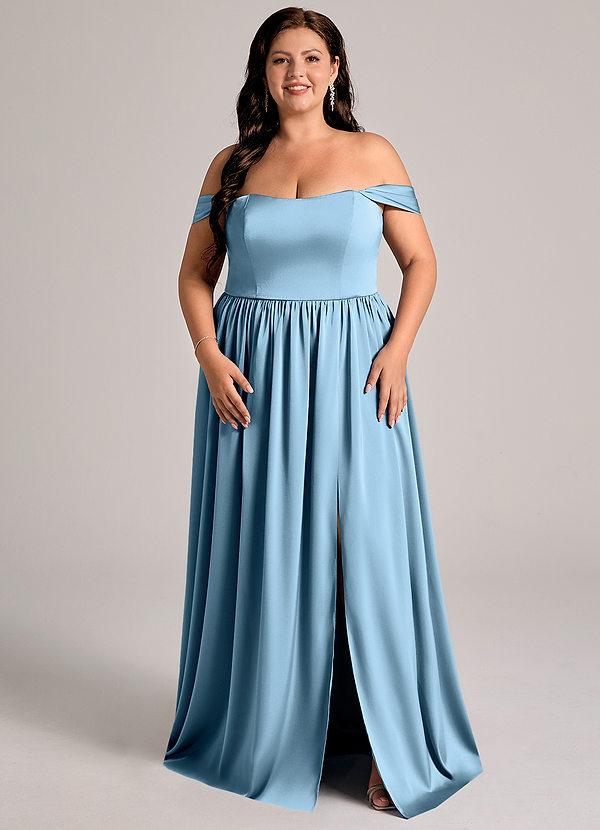 Azazie Calianna Robes Demoiselle d'honneur Robe Trapèze Convertible en Satin extensible Épaule décolletée Acier Bleuté image1