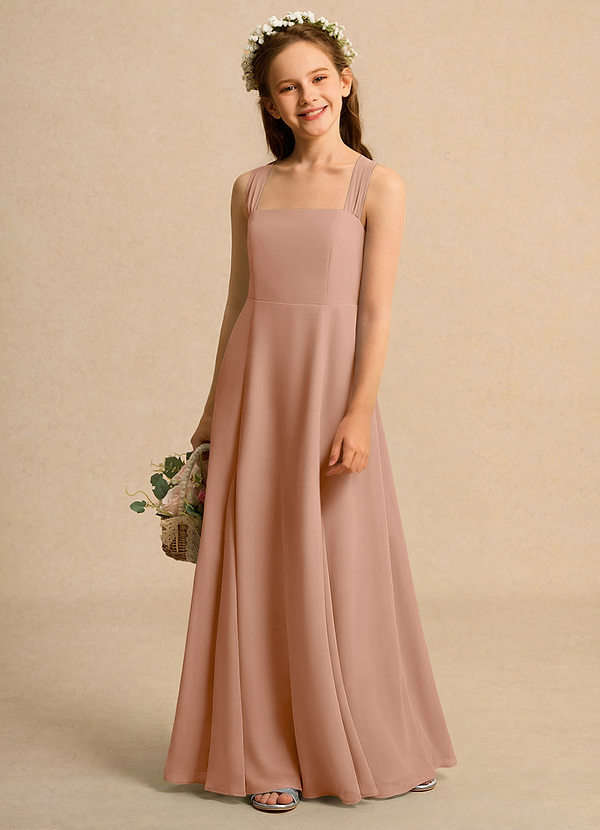 Azazie Tater Junior Formal Bloemenmeisjes Jurken A-Lijn Jurk van Chiffon Geplooid Champagne Roos image1