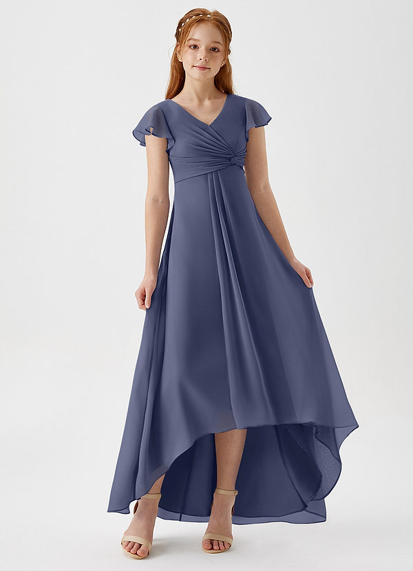 Azazie Breanne Junior Robe Trapèze en Mousseline de soie Bleu Orageux image1