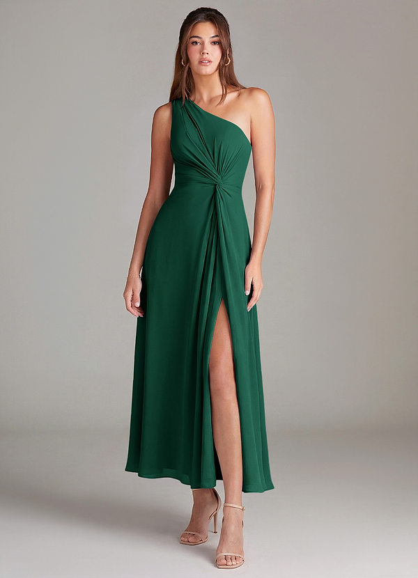 Azazie Brooke Bridesmaid Dresses Emerald A-Line One Shoulder Chiffon Dress image1