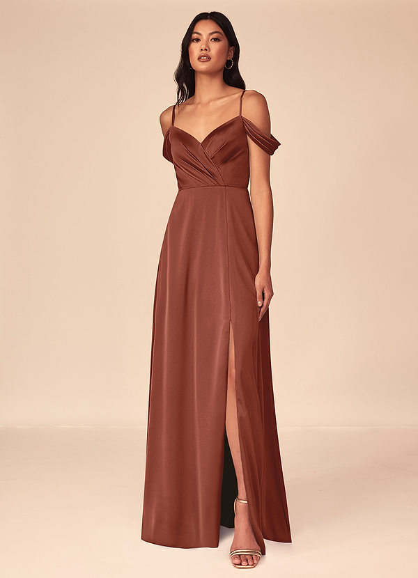 Azazie Ocean Bridesmaid Dresses Auburn A-Line V-Neck Pleated Stretch Satin Dress image1