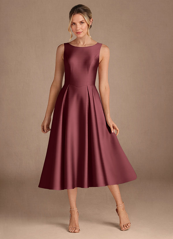 Azazie Fulton Mother of the Brides Dresses Merlot A-Line Pleated Stretch Satin Dress image1