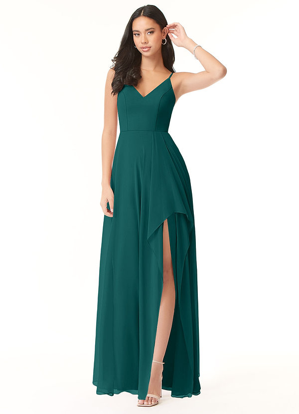 Azazie Collette Bridesmaid Dresses Peacock A-Line Chiffon Dress image1