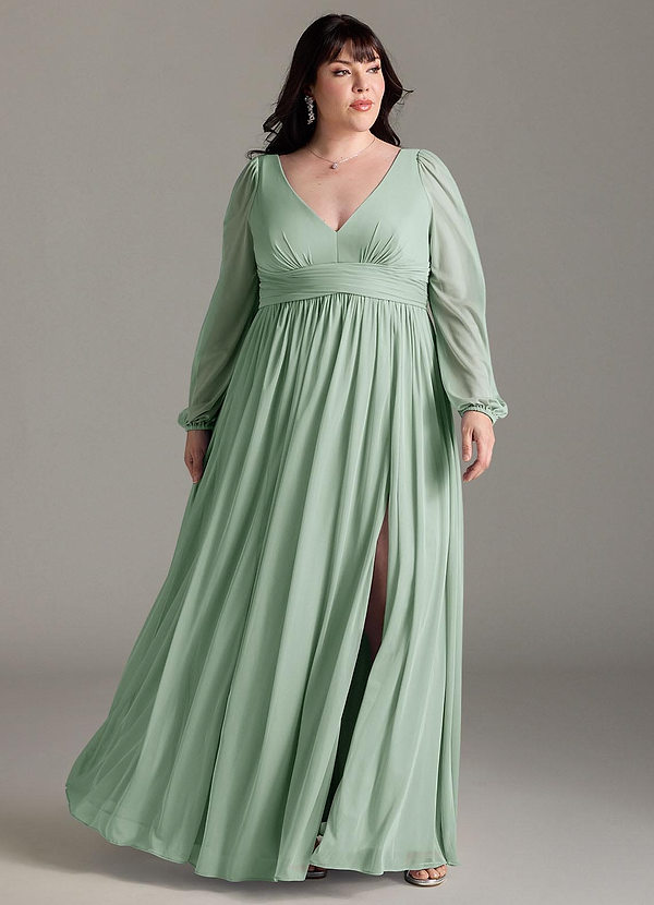 Azazie Norah Bridesmaid Dresses Agave A-Line V-Neck Long Sleeve Chiffon Dress image1