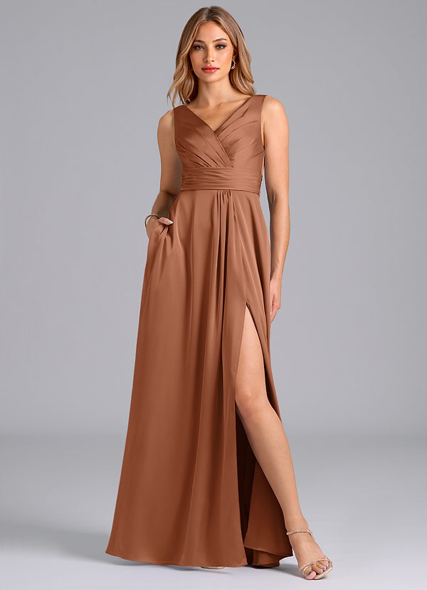 Azazie Karina Bridesmaid Dresses Bronzer A-Line Pleated Stretch Satin Dress image1