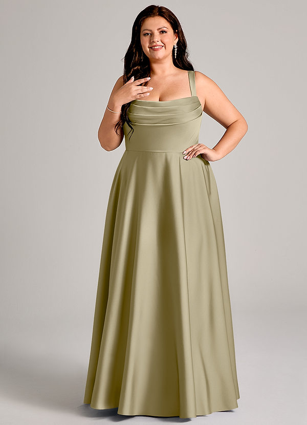 Azazie Shaude Bridesmaid Dresses Moss Green A-Line Pleated Stretch Satin Dress image1