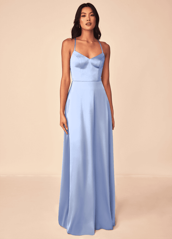 Azazie Mei Brautjungfernkleider A-Linie V-Hals Stretch-Satin Kleid Eis image1