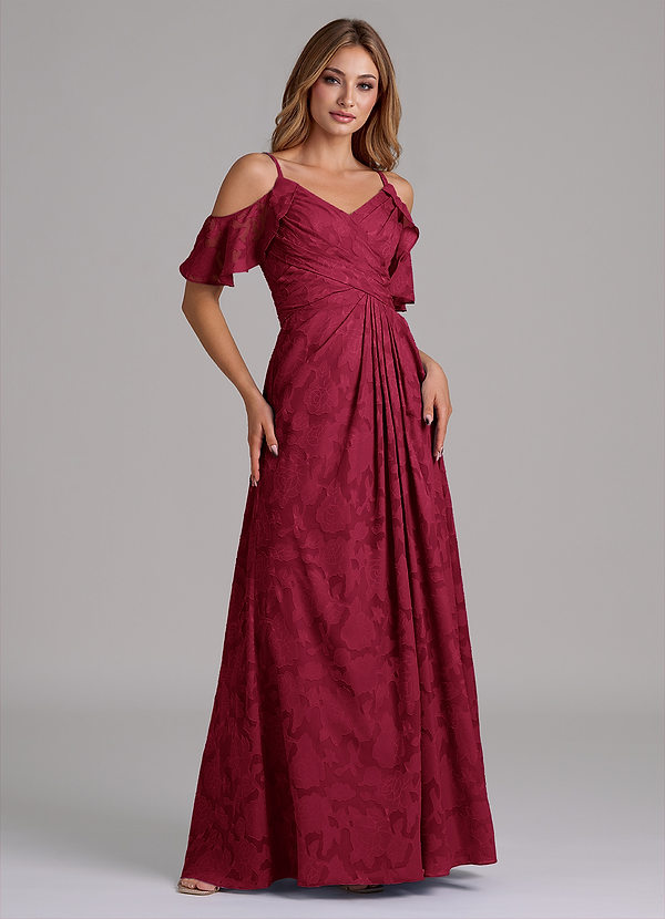 Azazie Dakota Bridesmaid Dresses Burgundy A-Line Off the Shoulder Floral Burnout Dress image1