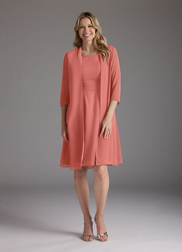 Azazie Shirley Mother of the Brides Dresses Salmon Pink A-Line Scoop Pleated Chiffon Dress image1
