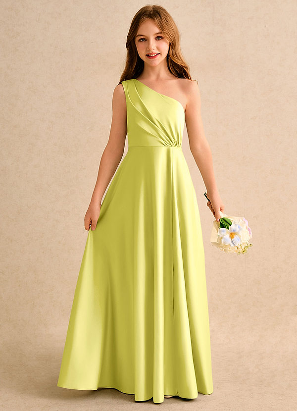 Azazie Puddles Girls Formal Robes de cortège enfant Robe Trapèze en Mat Satiné Asymétrique Canari image1