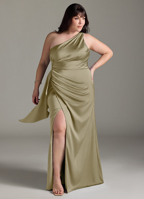 Azazie Maive Robes Demoiselle d'honneur Robe Fourreau en Satin extensible Rayé Vert Mousse image1