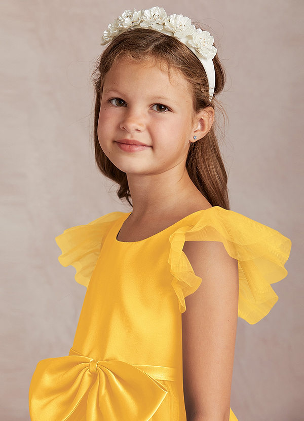 Azazie Midna Flower Girl Dresses Marigold A-Line with Sleeves Tulle Dress image1