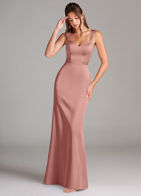 Azazie Denice Bridesmaid Dresses Rosette Sheath Pleated Stretch Satin Dress image1