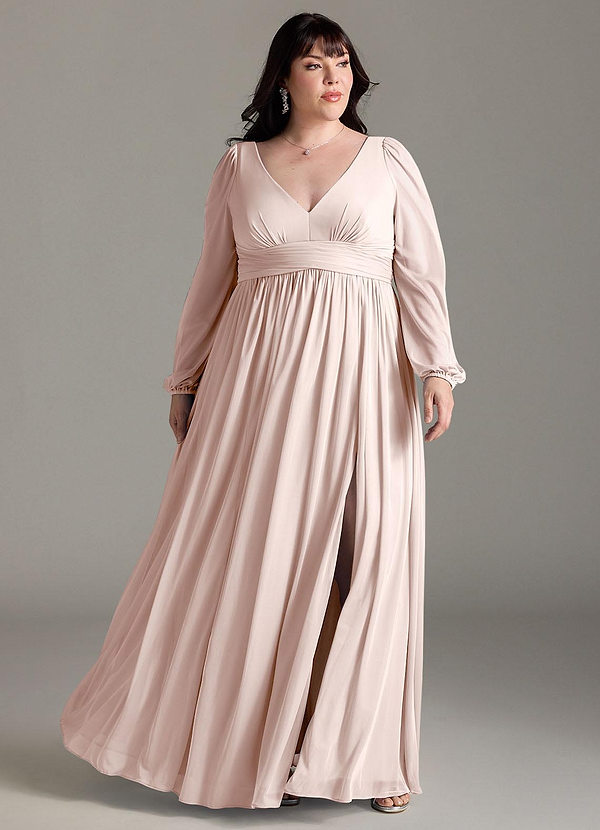 Azazie Norah Robes Demoiselle d'honneur Robe Trapèze en Mousseline de soie Col en V, manches longues Rose Pétale image1