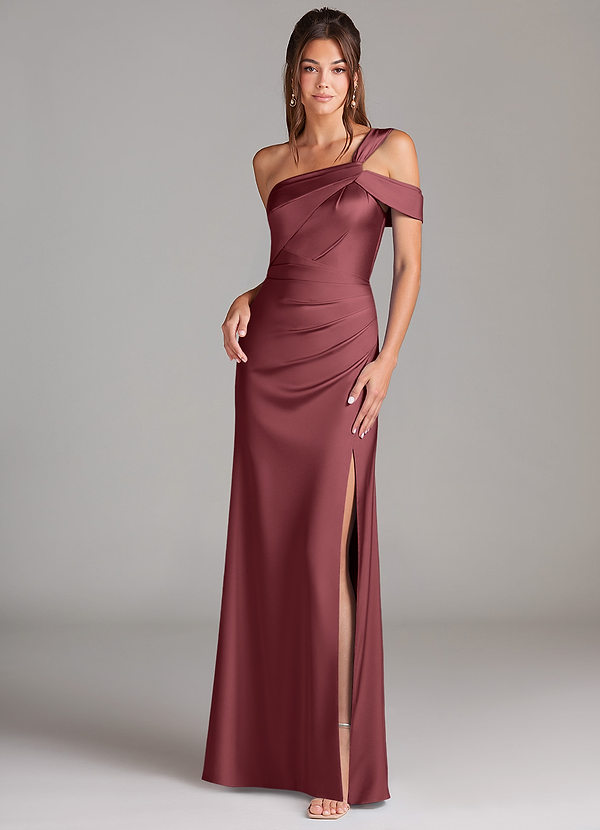 Azazie Wynter Bridesmaid Dresses Merlot Sheath Off the Shoulder Stretch Satin Dress image1